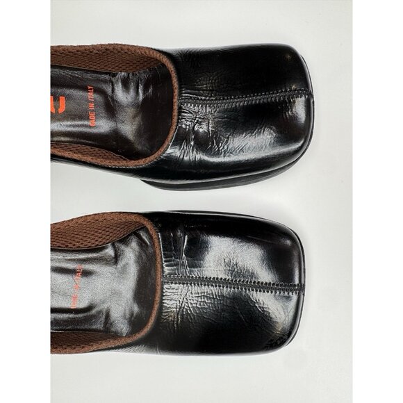 Miu Miu 90s Shoes 37 Real 38,5 Black Patent Leather Brown Square Toe Block Heel - Picture 3 of 9